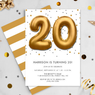 Modern Gold Foil ballon 20th Birthday Kaart