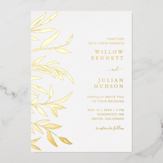 Modern Gold Foil Leaves Wedding Folie Uitnodiging (Voorkant)