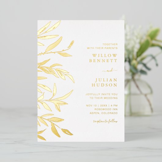Modern Gold Foil Leaves Wedding Folie Uitnodiging (Staand Voorkant)