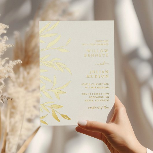 Modern Gold Foil Leaves Wedding Folie Uitnodiging
