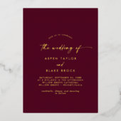 Modern Gold Foil script | Bourgogne fotoweddenscha Folie Uitnodiging (Voorkant)