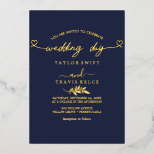 Modern Gold Foil Script Navy Trouwdag Folie Uitnodiging