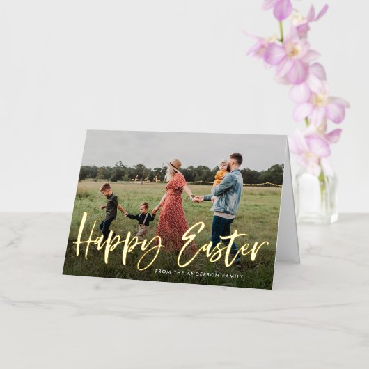 Modern Gold Foil Script Photo Happy Easter Kaart (Orchidee)