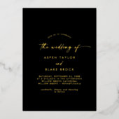 Modern Gold Foil script | Zwart fotohuwelijk Folie Uitnodiging (Voorkant)