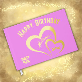 Modern Gold Foil Verjaardag op Roze Rect. Monogram Gastenboek