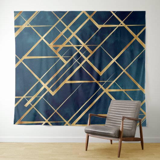 Modern Gold Geometric Blue Design Wandkleed (In Situ (horizontaal))