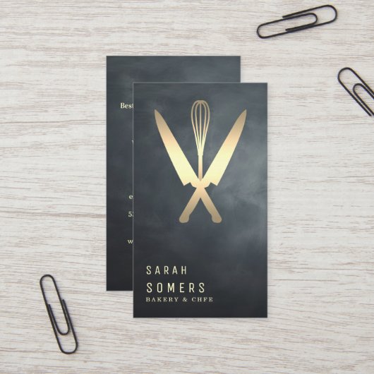 Modern Gold Glitter Knife & Whisk Bakery Visitekaartje (Voorkant / Achterkant in situ)