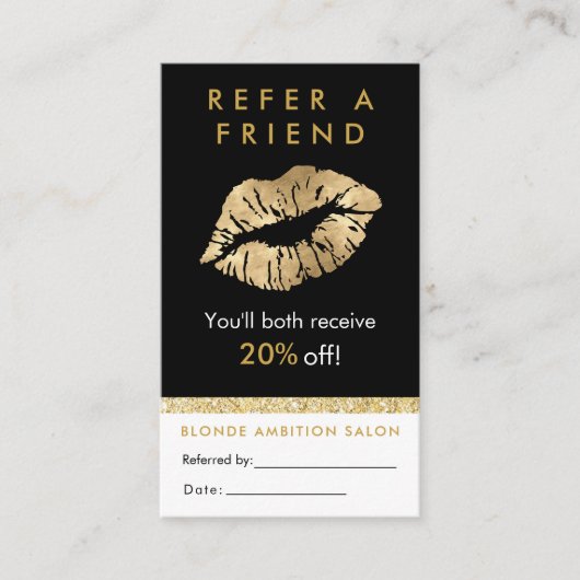 Modern Gold Glitter Lips Salon Referral Kaart Visitekaartje (Voorkant)