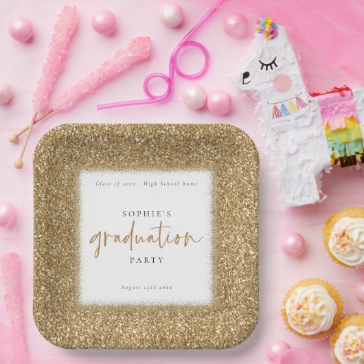 Modern Gold Glitter Name Gradution Party White Papieren Bordje (Feest)