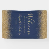 Modern Gold Glitter Navy Blue Wedding Welcome Spandoek (Horizontaal)