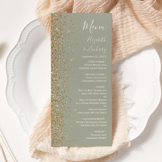 Modern Gold Glitter Sage Green Wedding Menu