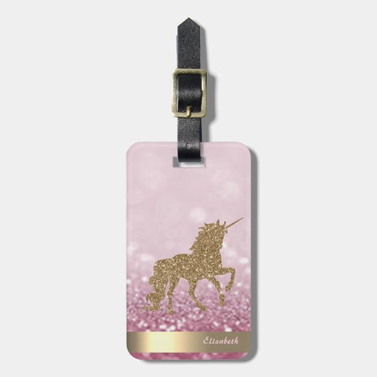 Modern Gold Glitter Unicorn, Glitter Bokeh Bagagelabel (Voorkant verticaal)