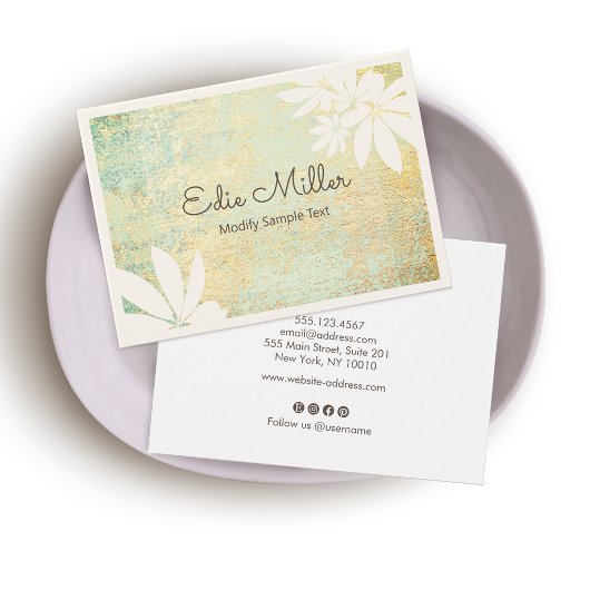 Modern Gold Green Abstract Floral Script Font Visitekaartje
