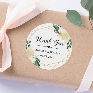 Modern Gold Green Floral Wedding Favor Thank You Ronde Sticker