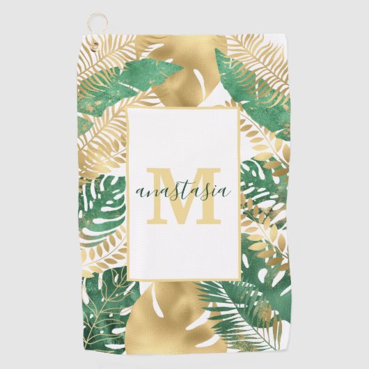 Modern Gold Green Tropical Leaves Monogram Golfhanddoek (Voorkant)
