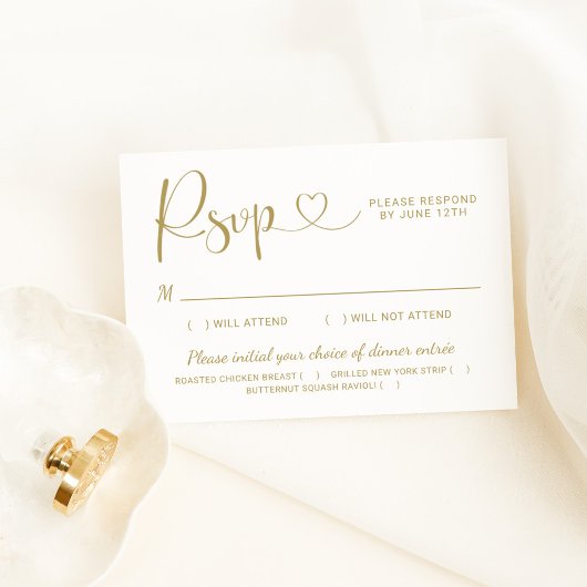 Modern Gold Heart Calligraphy Script Wedding RSVP Kaartje
