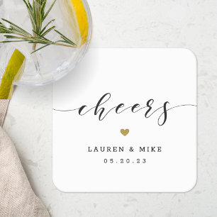 Modern Gold Heart Cheers Wedding Vierkante Kartonnen Onderzetter