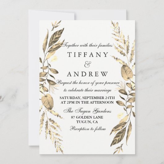 Modern Gold Leaf Fern Wreath Wedding Invite Kaart (Voorkant)
