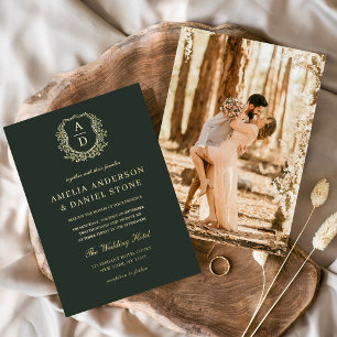 Modern Gold Leafy Crest Monogram Foto Weddenschap Folie Uitnodiging