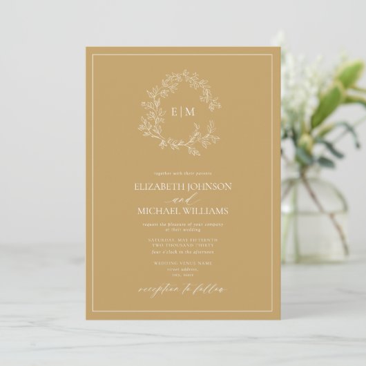 Modern Gold Leafy Crest Monogram Foto Weddenschap Kaart (Staand voorkant)