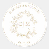 Modern Gold Leafy Crest Monogram Weddenschap Ronde Sticker (Voorkant)