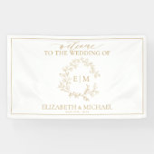 Modern Gold Leafy Crest Monogram Weddenschap Spandoek (Horizontaal)