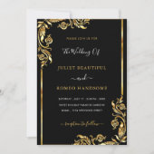 Modern Gold Leaves Framed Black Wedding Invitation (Voorkant)
