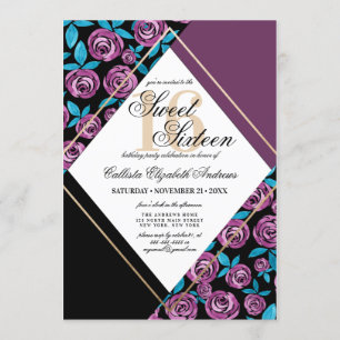 Modern Gold Mauve Black Flower Waterverf Sweet 16 Kaart