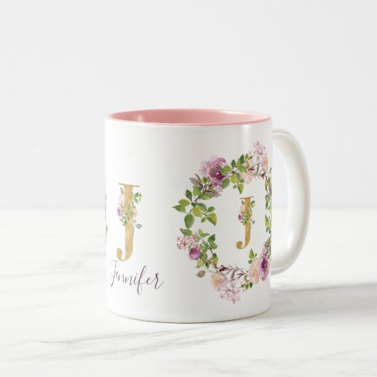 Modern Gold Monogram J Waterverf Floral Wreath Tweekleurige Koffiemok (Voorkant rechts)