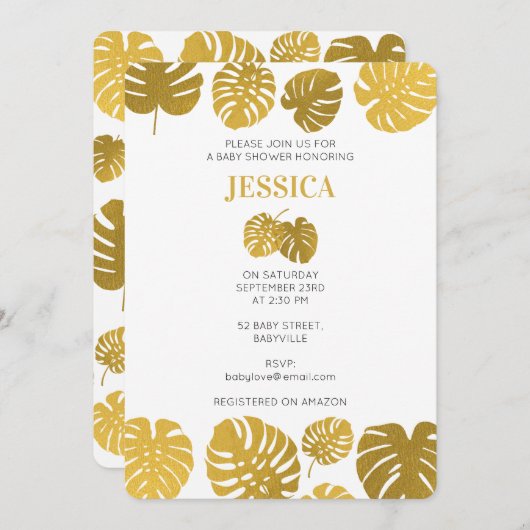 Modern Gold Monstera laat Baby shower over Kaart (Voorkant / Achterkant)