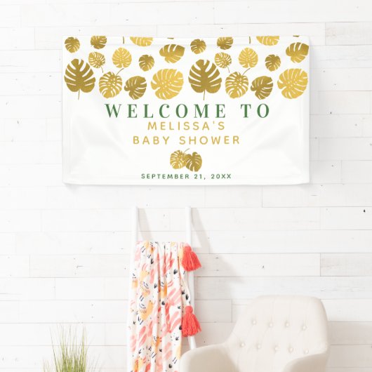 Modern Gold Monstera laat Baby shower welkom heten Spandoek (Insitu)