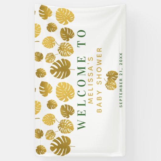 Modern Gold Monstera laat Baby shower welkom heten Spandoek (Verticaal)