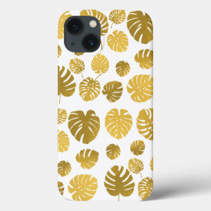 Modern Gold Monstera Tropical Leaves Pattern iPhone 13 Hoesje