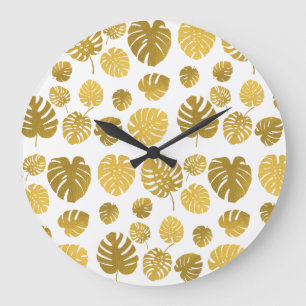 Modern Gold Monstera Tropical Leaves Pattern Grote Klok