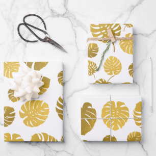Modern Gold Monstera Tropical Leaves Pattern Inpakpapier Vel