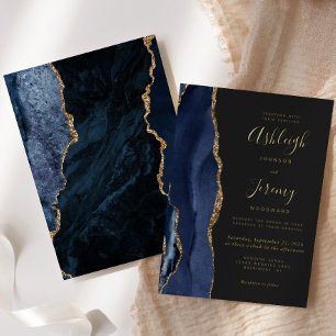 Modern Gold Navy Blue Agate Dark Wedding Folie Uitnodiging