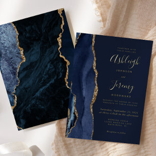 Modern Gold Navy Blue Agate Wedding Folie Uitnodiging