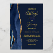 Modern Gold Navy Blue Agate Wedding Folie Uitnodiging (Voorkant)