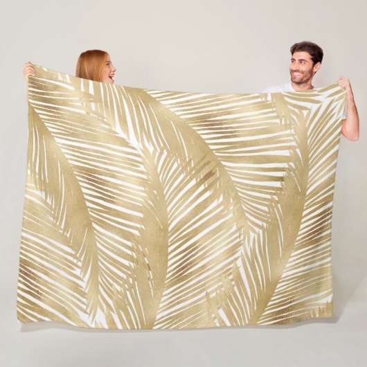Modern Gold Palm Leaf Tropical Pattern Fleece Deken (In situ)