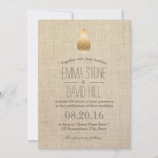 Modern Gold Pineapple Rustic Burlap Wedding Kaart (Voorkant)