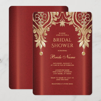 Modern Gold Red Floral Bridal Shower Invitation Kaart