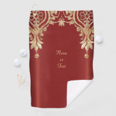 Modern Gold Red Floral Golf Towel Golfhanddoek (Insitu)