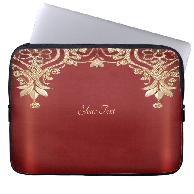 Modern Gold Red Floral Laptop Sleeve (Voorkant)