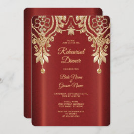 Modern Gold Red Floral Rehearsal Dinner Kaart