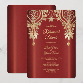 Modern Gold Red Floral Rehearsal Dinner Kaart