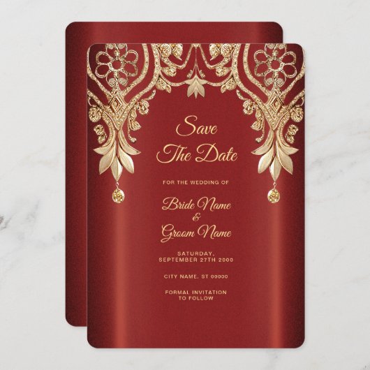 Modern Gold Red Floral Save The Date (Voorkant / Achterkant)