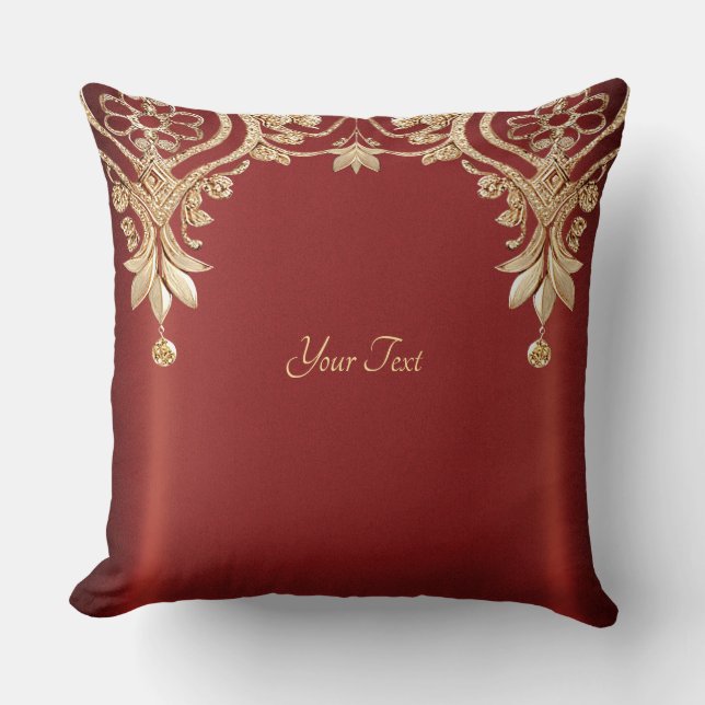 Modern Gold Red Floral Throw Pillow Kussen (Voorkant)