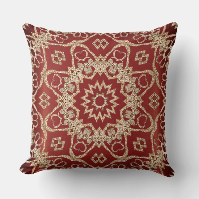 Modern Gold Red Floral Throw Pillow Kussen (Voorkant)