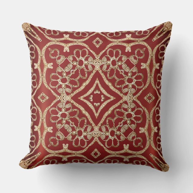 Modern Gold Red Floral Throw Pillow Kussen (Voorkant)