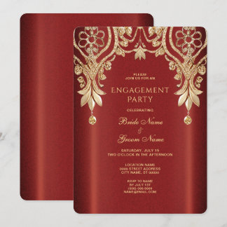 Modern Gold Red Floral Verloving Invitation Kaart